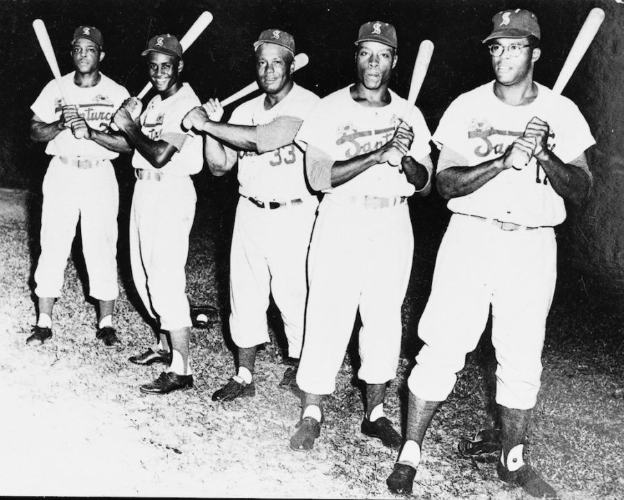 Willie Mays, 21-year-old Roberto Clemente, Buster Clarkson, Bob Thurman and George Crowe (l. to r.) were the Murderers’ Row of the Santurce team that won the 1955 Caribbean Series championship in Venezuela.
